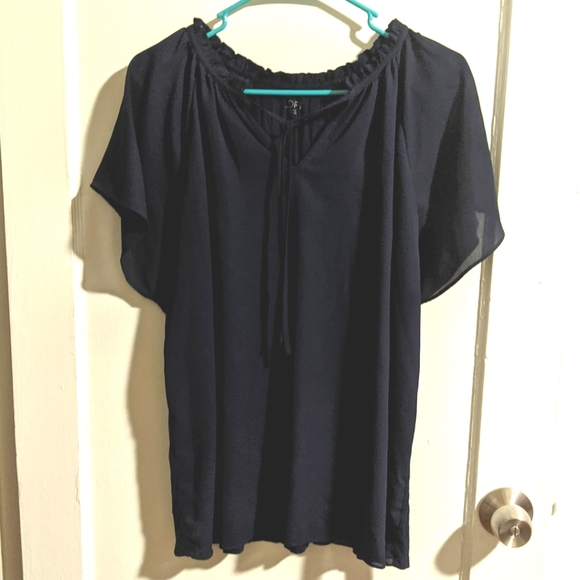LOFT navy blue short sleeve blouse with tie size L - Picture 1 of 4